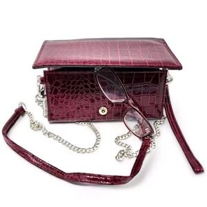 Faux Alligator Shoulder Bag Eyeglass Case Chain Strap Burgundy Small Wristlet